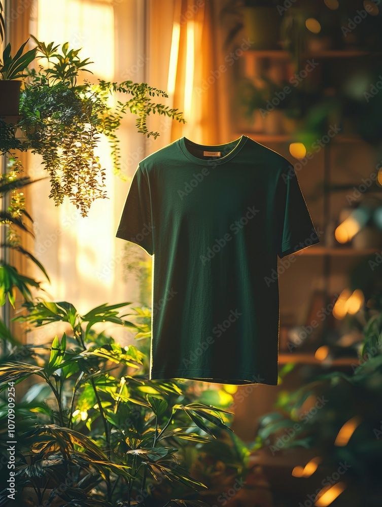 Green T-Shirt Hanging Among Plants with Sunlit Window in Background Green T-Shirt Hanging Among Plants with Sunlit Window in Background