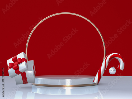 3D background with white podium stand, festive decor, candy cane, gift box, Christmas and New Year winter design for product presentation