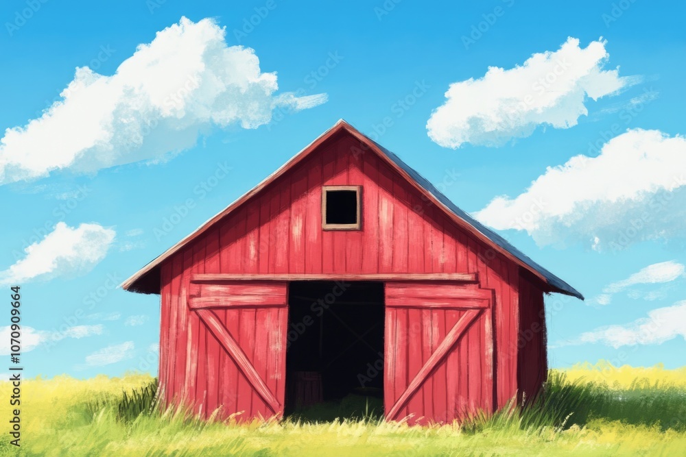 Obraz premium A rustic red barn stands out against the green grass and blue sky