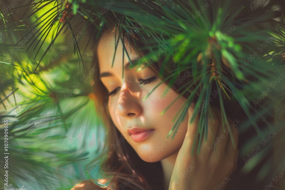 A woman stands under a tree with her eyes closed, possibly meditating or lost in thought A woman stands under a tree with her eyes closed, possibly meditating or lost in thought