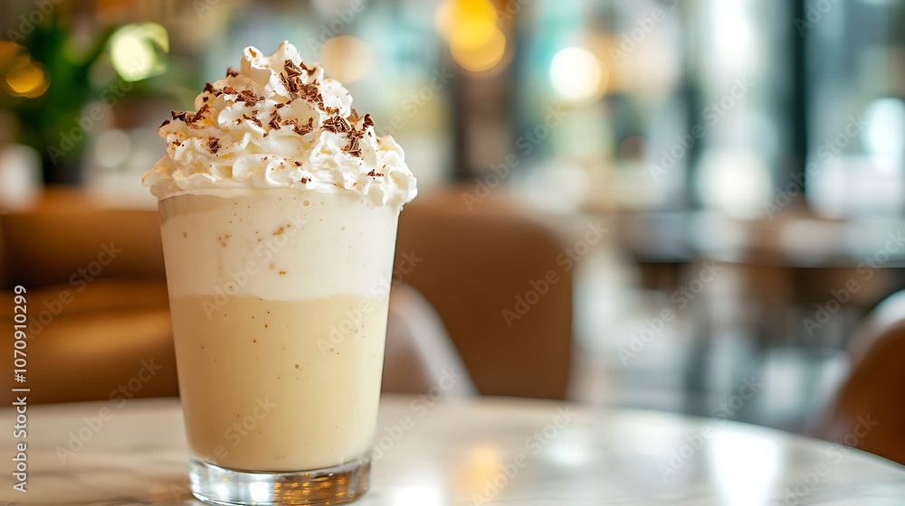 A creamy vanilla smoothie topped with whipped cream and chocolate shavings A creamy vanilla smoothie topped with whipped cream and chocolate shavings