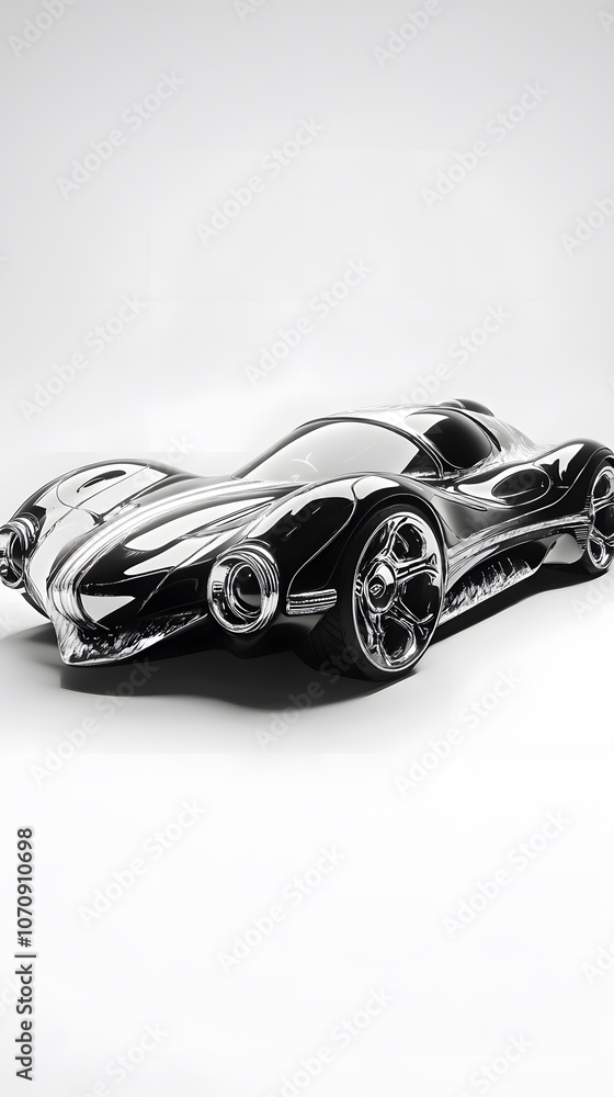 A futuristic concept car with sleek lines and chrome accents, rendered in black and white A futuristic concept car with sleek lines and chrome accents, rendered in black and white