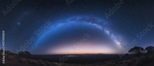 A stunning panoramic view of the Milky Way galaxy over a tranquil landscape at dusk.