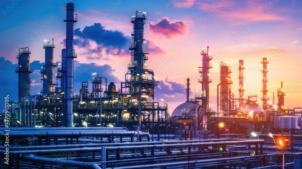 Industrial facility at sunset with many pipes and equipment Industrial facility at sunset with many pipes and equipment