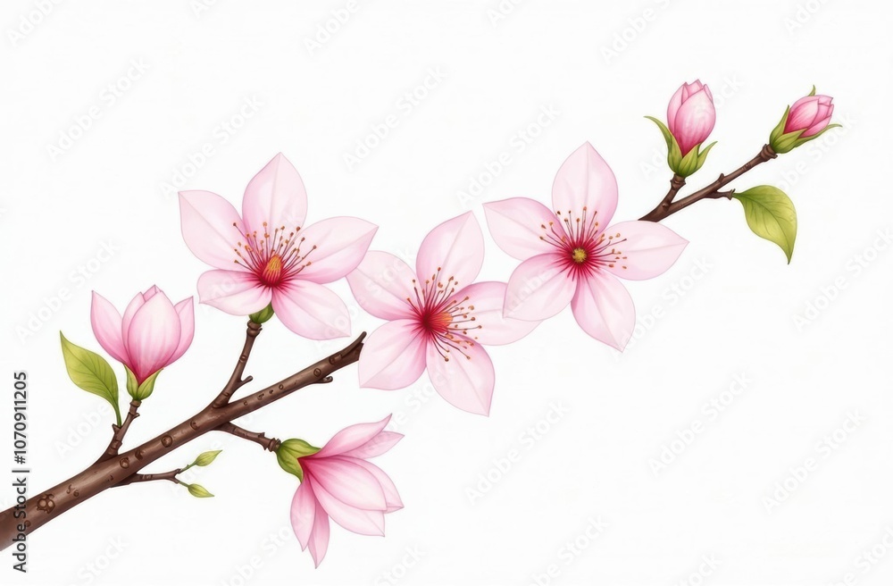 Watercolor Cherry Blossom Branch with Pink Petals and Green Leaves on White Background