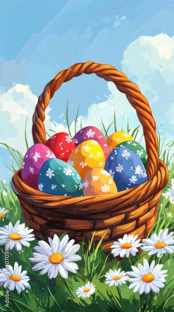 Colorful Easter eggs arranged in a wicker basket on a sunny day in a flower filled meadow Colorful Easter eggs arranged in a wicker basket on a sunny day in a flower filled meadow