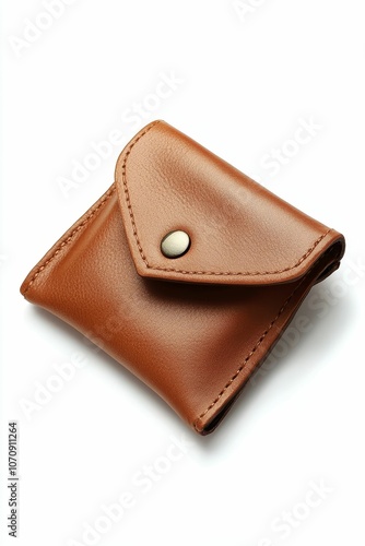 Brown leather wallet with metal button.