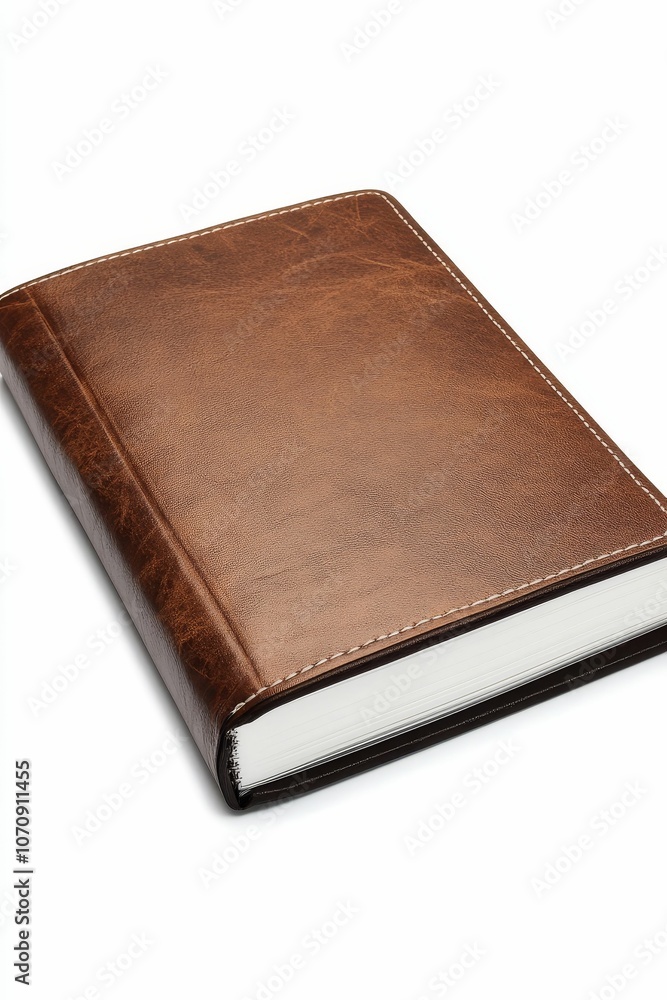Brown leather bound book with white stitching. Brown leather bound book with white stitching.