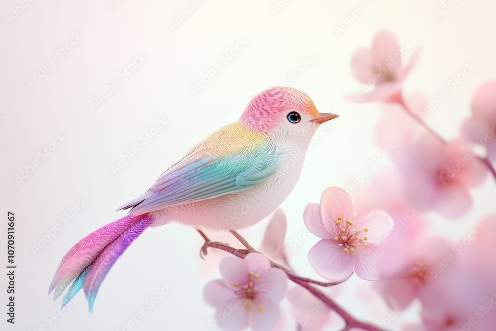 A colorful bird perched on a pink blossom branch. A colorful bird perched on a pink blossom branch.