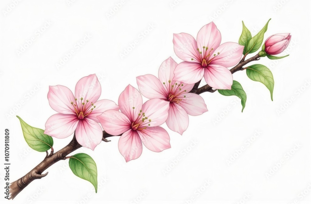 Fototapeta premium Watercolor Blooming Plum Blossom Branch with Light Petals and Green Leaves on White Background