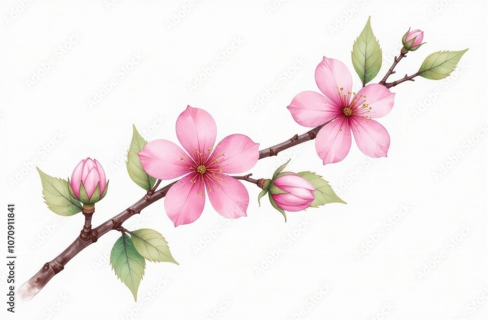 Watercolor Blooming Plum Blossom Branch with Light Petals and Green Leaves on White Background Watercolor Blooming Plum Blossom Branch with Light Petals and Green Leaves on White Background
