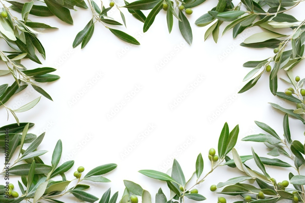 A frame made of olives and leaves on a white background, perfect for a rustic or natural-themed design A frame made of olives and leaves on a white background, perfect for a rustic or natural-themed design