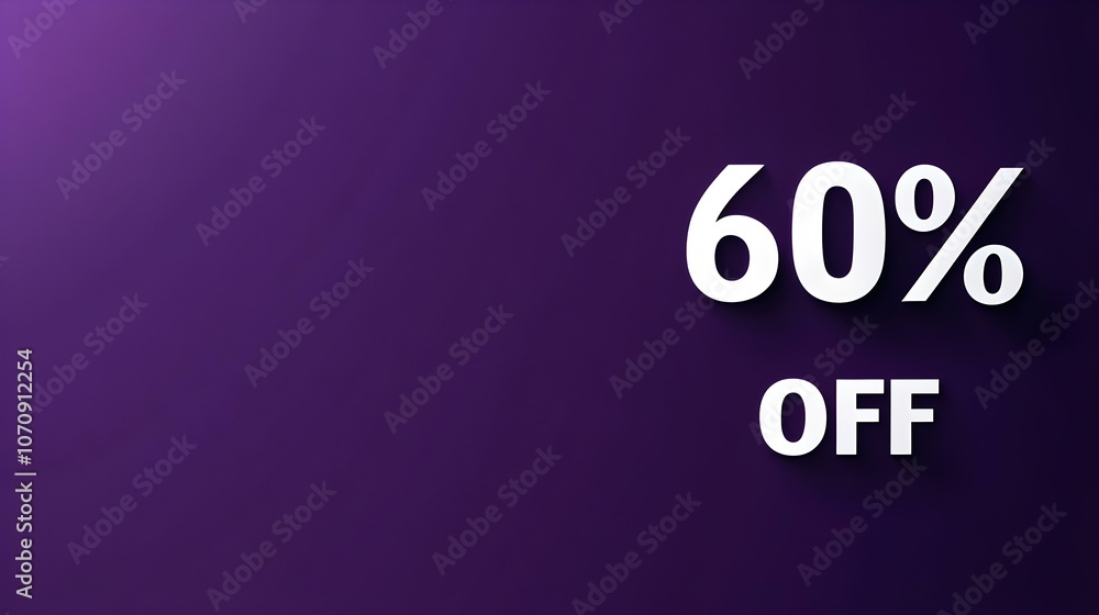 White '60% OFF' Promotional Sign on a Dark Purple Background with Copy Space White '60% OFF' Promotional Sign on a Dark Purple Background with Copy Space