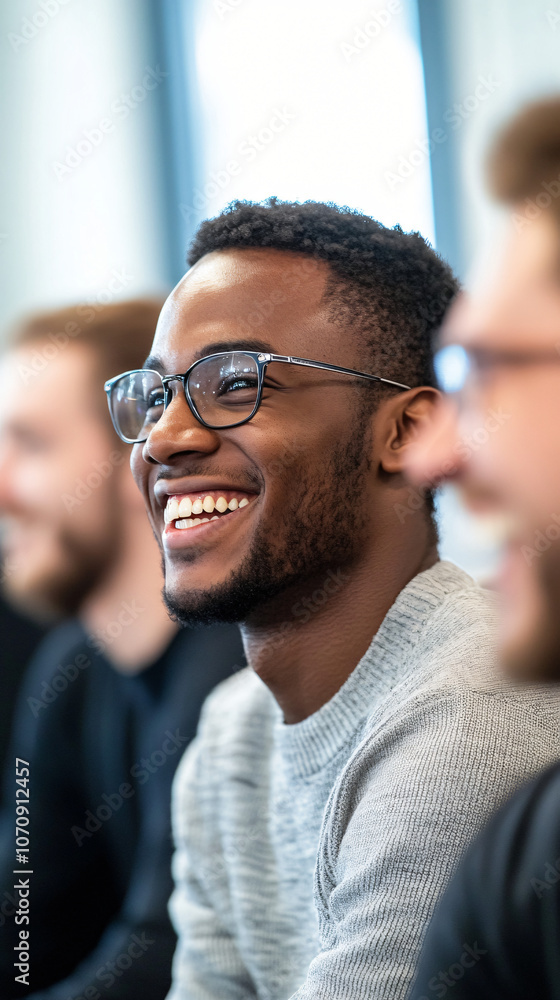 Smiling young black professional engages with coworkers during a meeting Smiling young black professional engages with coworkers during a meeting