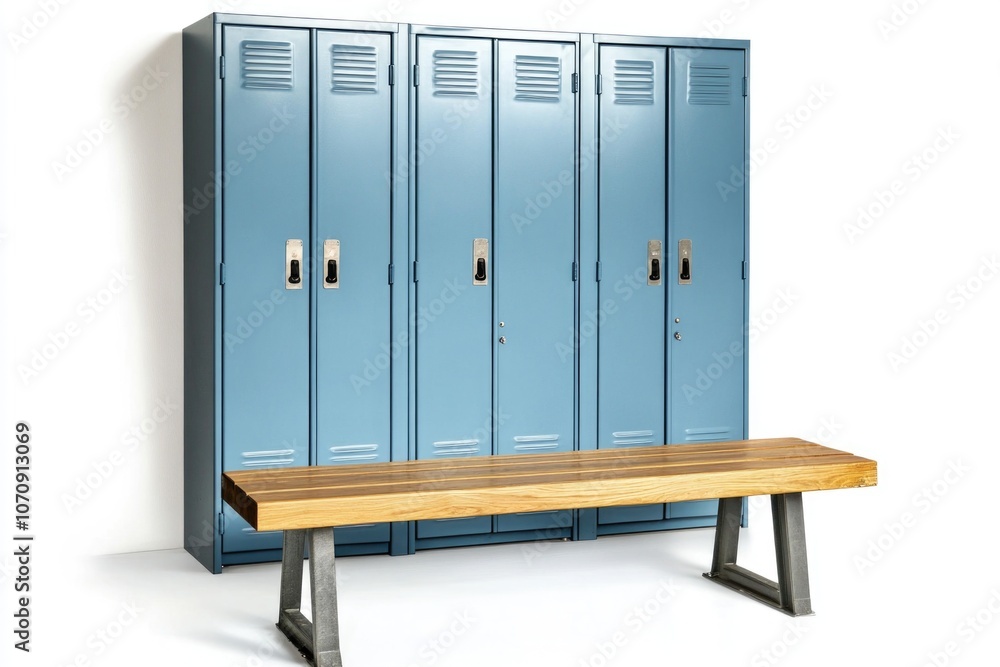 A row of blue lockers lined up next to a wooden bench, perfect for a school or office setting A row of blue lockers lined up next to a wooden bench, perfect for a school or office setting