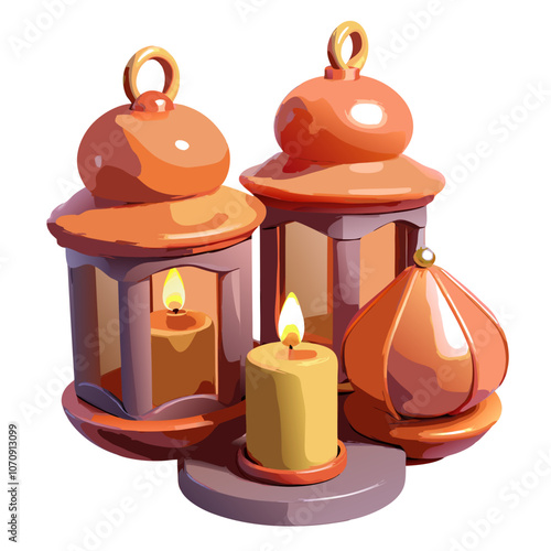 3D lanterns and candle icon for holiday decoration