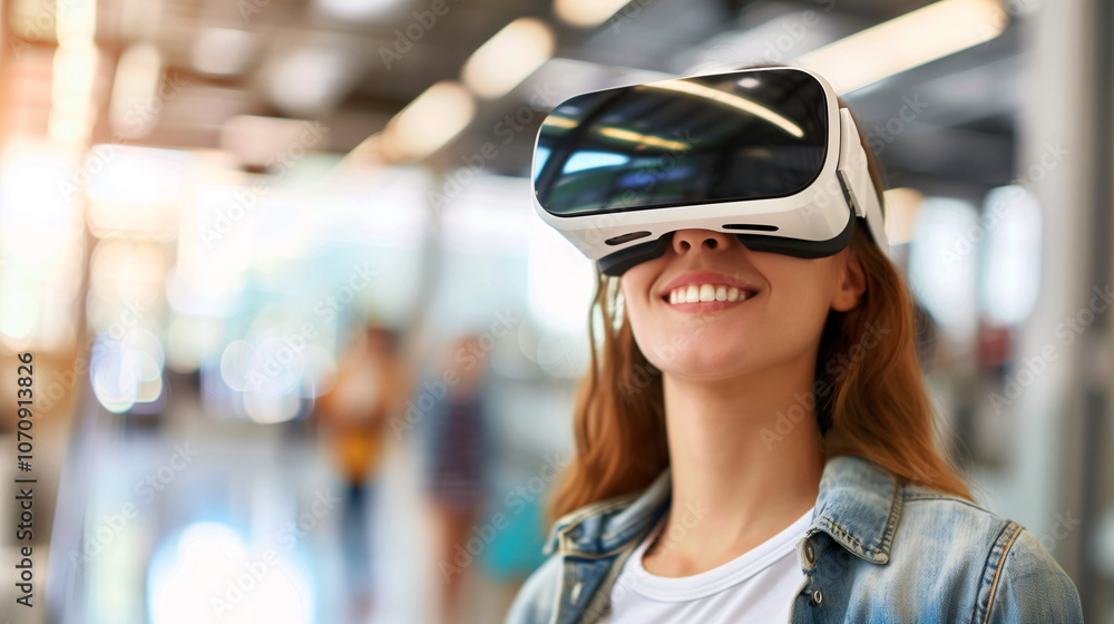 Mujer joven usando gafas de realidad virtual en un entorno luminoso Mujer joven usando gafas de realidad virtual en un entorno luminoso