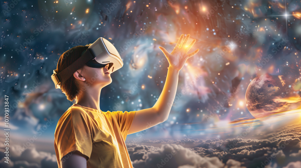 Mujer explorando el universo con gafas de realidad virtual Mujer explorando el universo con gafas de realidad virtual