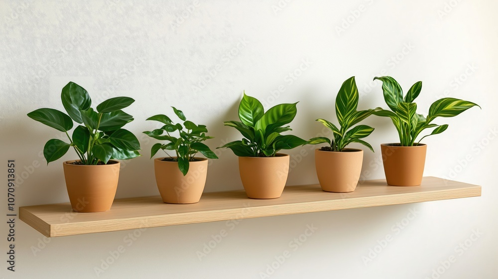 Potted Green Plants on Wooden Shelf Against White Wall, perfect for home decor inspiration. Potted Green Plants on Wooden Shelf Against White Wall, perfect for home decor inspiration.
