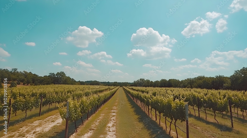 Naklejka premium A picturesque view of a vineyard with rows of grapevines extending into the distance under a bright blue sky with fluffy clouds.