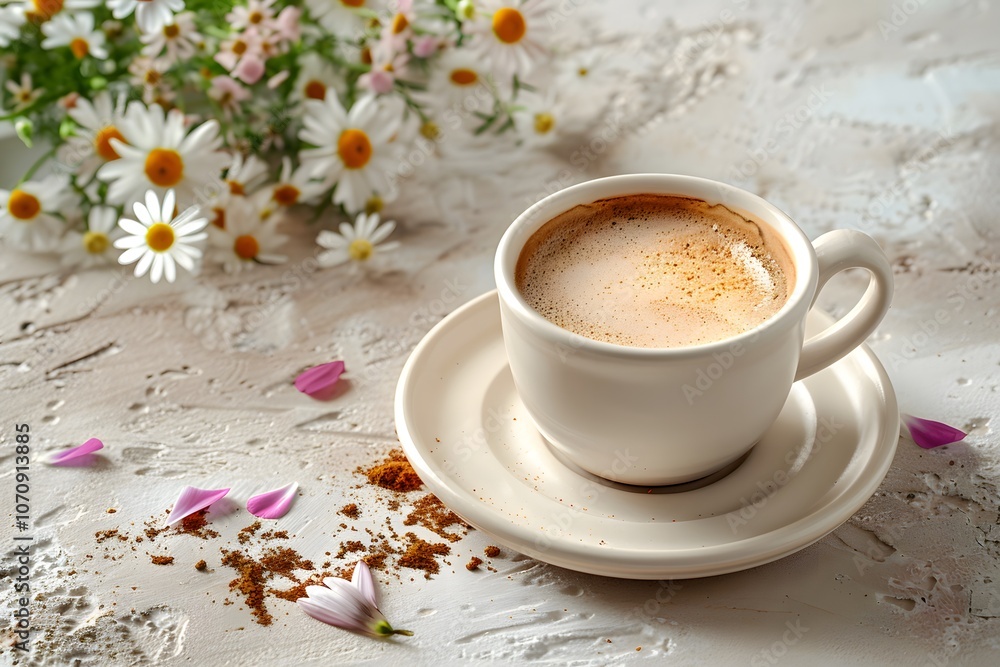 Cup of coffee with flowers and petals on a rustic background. Cozy breakfast and nature-inspired design Cup of coffee with flowers and petals on a rustic background. Cozy breakfast and nature-inspired design