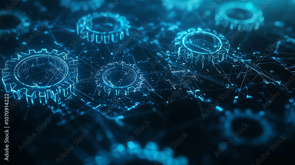Obraz premium Abstract Blue Glowing Gears Network Technology Background