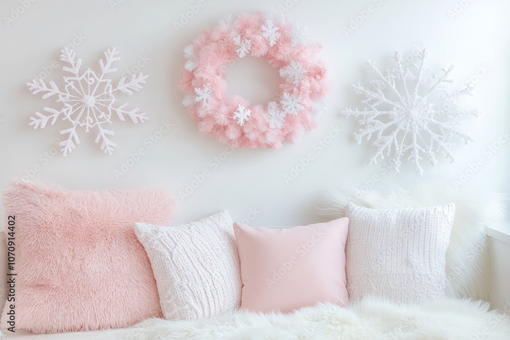 girly cozy corner with pastel throw pillows, a soft pink wreath, and a pastel snowflake garland, minimal background with copy space girly cozy corner with pastel throw pillows, a soft pink wreath, and a pastel snowflake garland, minimal background with copy space