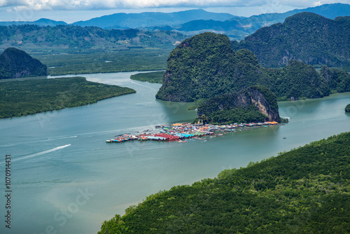 Aerial landscape view of area around  floating village Koh Panyee a fishing village island located in Phang Nga Bay, Thailand photo