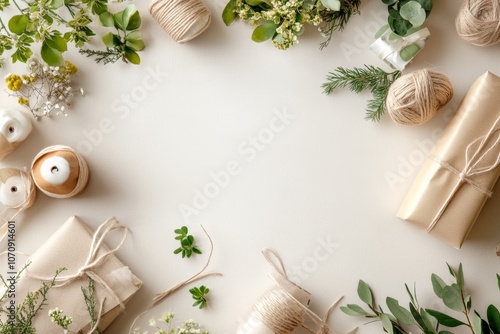 christmas gifts - gift wrapping station with eco-friendly wrapping paper, twine, and simple botanical accents, minimal background with copy space