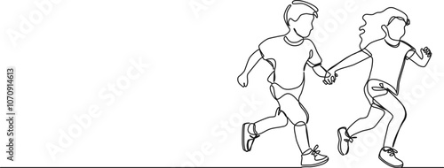continuous single line drawing of girl and boy running hand in hand, line art vector illustration