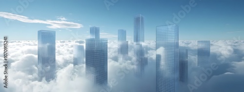 Skyscrapers in the clouds, cityscape, skyline, white background, futuristic architecture, city of the future