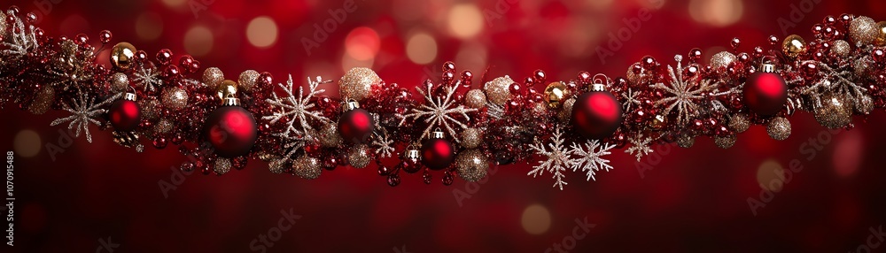 Elegant Christmas garland with red and gold ornaments, snowflakes, festive lights, luxurious red background, holiday celebration Elegant Christmas garland with red and gold ornaments, snowflakes, festive lights, luxurious red background, holiday celebration