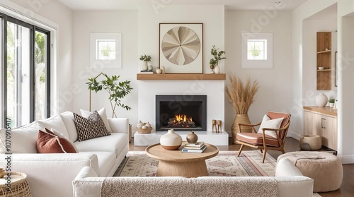 Modern Living Room Interior Design with Fireplace and Cozy Furniture