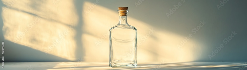Clear glass bottle on white surface, casting a soft shadow, illuminated by natural light Clear glass bottle on white surface, casting a soft shadow, illuminated by natural light