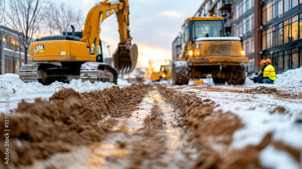 A muddy path carved into the snow by construction vehicles. A muddy path carved into the snow by construction vehicles.