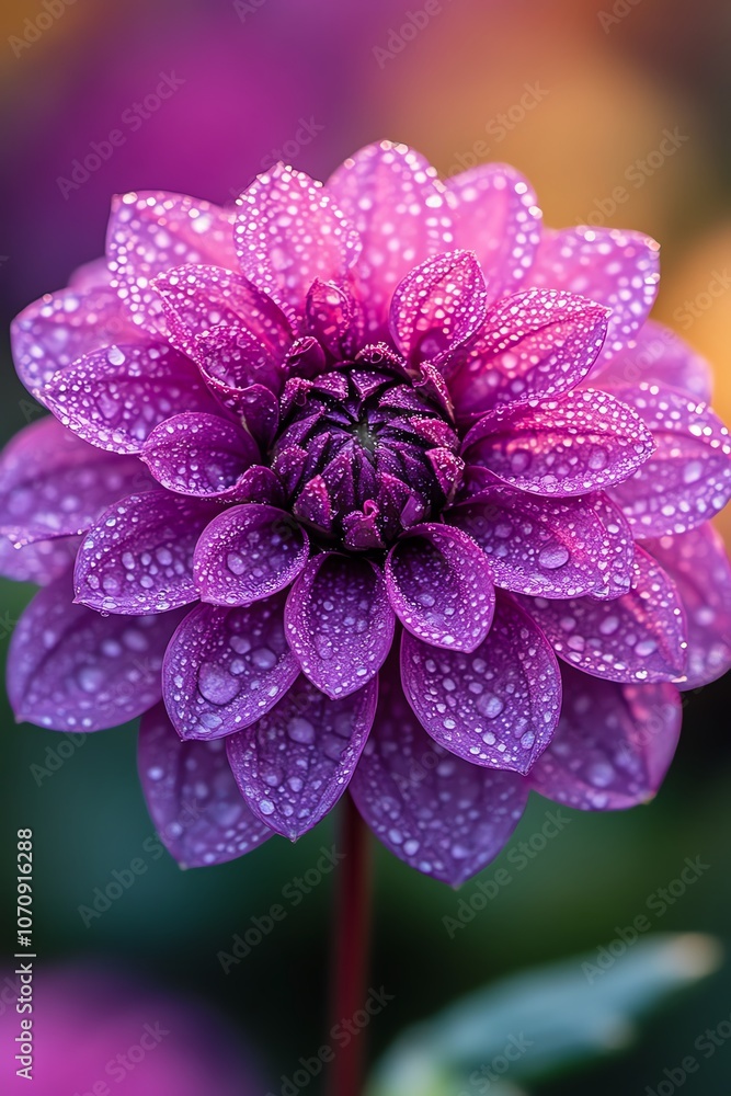 Closeup of a purple flower with dew droplets, delicate and vibrant macro shot Closeup of a purple flower with dew droplets, delicate and vibrant macro shot