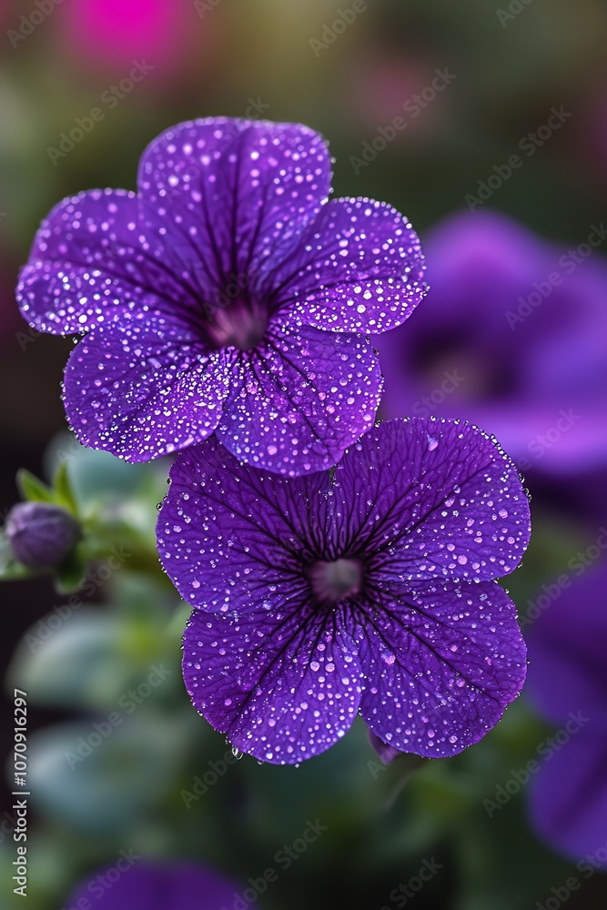 Closeup of a purple flower with dew droplets, delicate and vibrant macro shot Closeup of a purple flower with dew droplets, delicate and vibrant macro shot