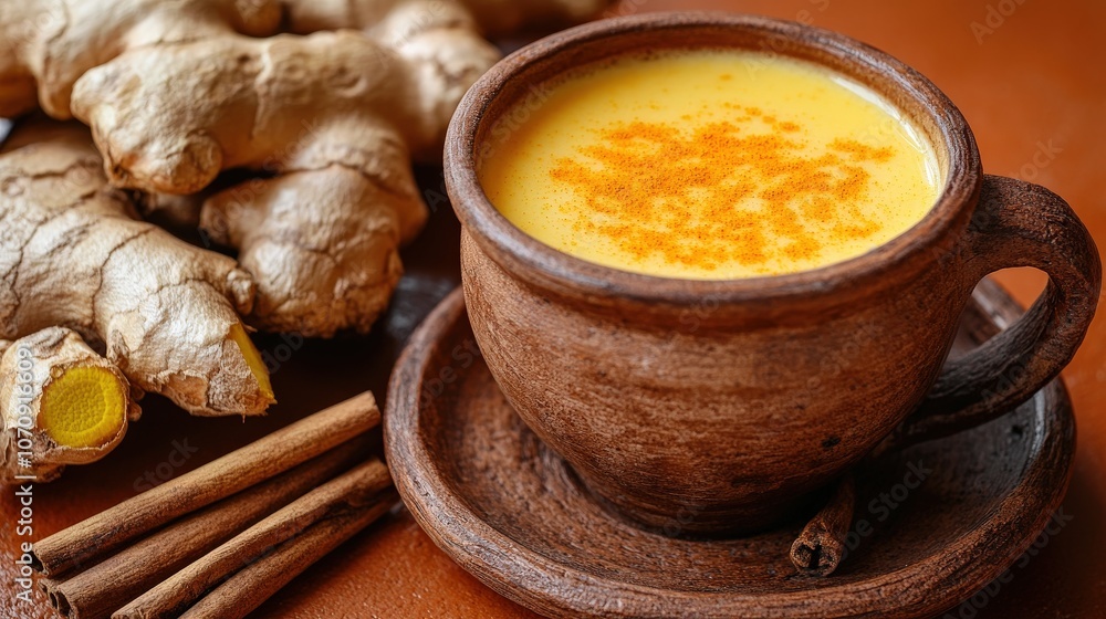 Delicious Ginger Turmeric Latte with Cinnamon in Rustic Mug: Warming Spices and Healthy Drink, Natural Ingredients, Cozy Beverage, Anti-Inflammatory Properties Delicious Ginger Turmeric Latte with Cinnamon in Rustic Mug: Warming Spices and Healthy Drink, Natural Ingredients, Cozy Beverage, Anti-Inflammatory Properties
