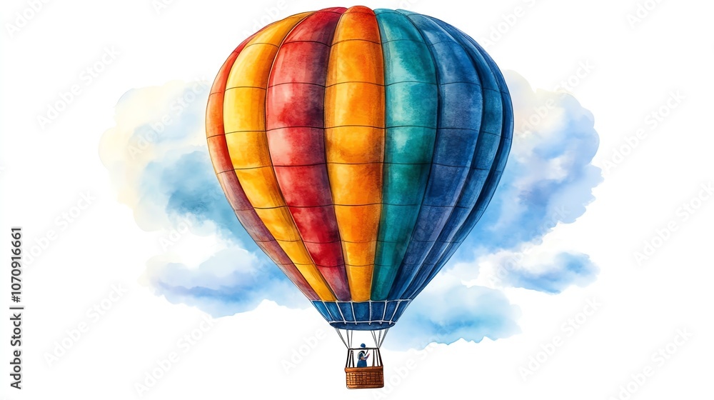 Fototapeta premium Colorful hot air balloon floating in sky fluffy clouds bright cheerful tones playful mood illustration isolate white background