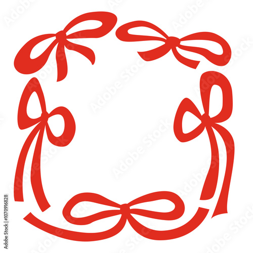 Vector flat illustration of abstract quirky red bows. Frame of ribbons for holiday greeting cards and invitations
