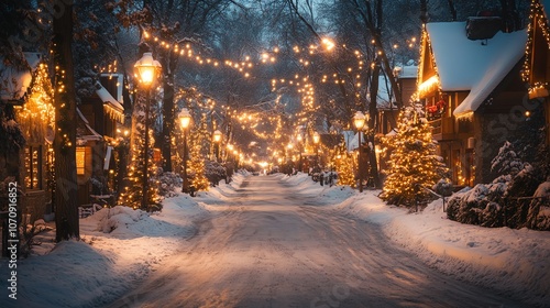 A serene winter street beautifully adorned with twinkling lights and snow-covered trees, creating a magical holiday atmosphere.