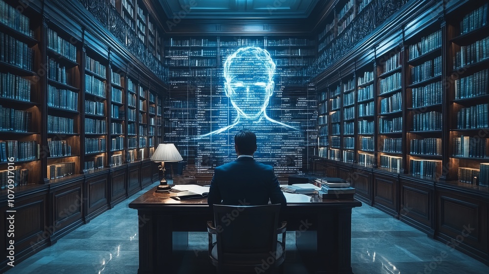 Holographic AI lawyers provide legal assistance in a futuristic library setting