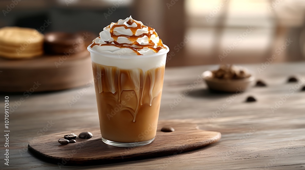 A frothy caramel iced coffee topped with whipped cream, in a stylish café A frothy caramel iced coffee topped with whipped cream, in a stylish café