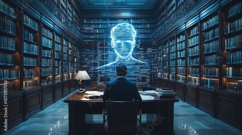 Obraz na płótnie Holographic AI lawyers provide legal assistance in a futuristic library setting w salonie