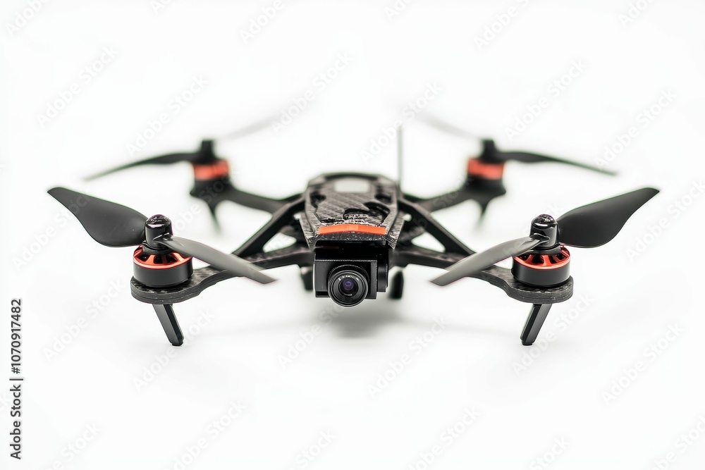 Black drone with camera and red accents. Black drone with camera and red accents.