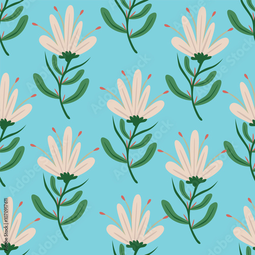 Colorful garden flowers on green background. Seamless vector pattern. Vintage print with inflorescences. Retro textile collection.