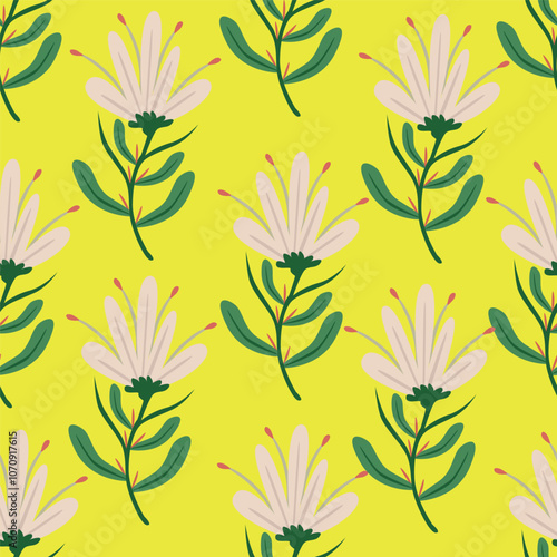 Colorful garden flowers on green background. Seamless vector pattern. Vintage print with inflorescences. Retro textile collection.