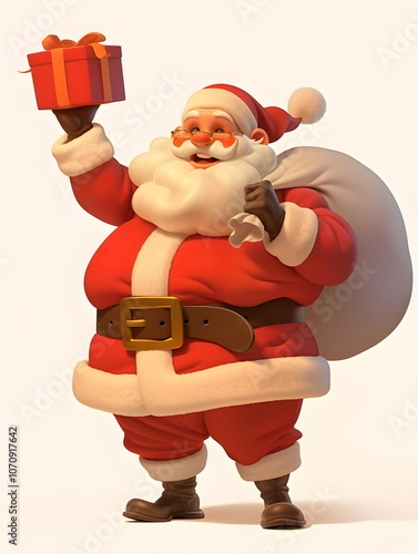 Happy Santa Claus with a big red gift on a white background. Cartoon 3D illustration. Delivery of Christmas gifts. New Year's greetings from Santa. Holiday card, bener copyspace photo