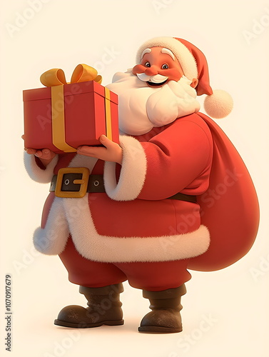 Happy Santa Claus with a big red gift on a white background. Cartoon 3D illustration. Delivery of Christmas gifts. New Year's greetings from Santa. Holiday card, bener copyspace photo