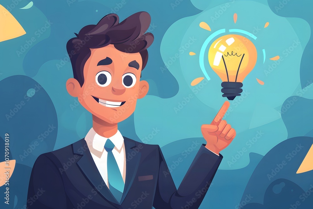 Illustration of a smiling man in a suit pointing at a glowing light bulb on a blue background. Conceptual art representing ideas and innovation. Design for business and creative presentations Illustration of a smiling man in a suit pointing at a glowing light bulb on a blue background. Conceptual art representing ideas and innovation. Design for business and creative presentations